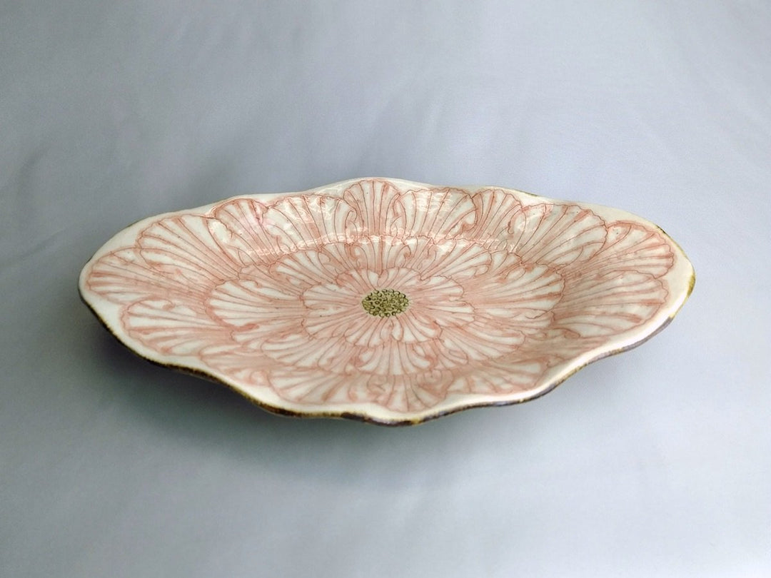 Red pottery plate with peony flower and boat-shaped rim, from Yoshihei Kato, Gifu