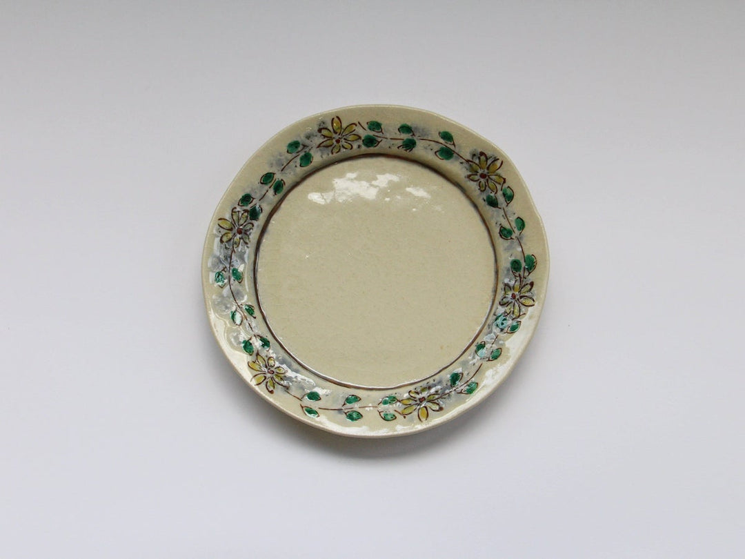 Yellow flat plate with rim flower pattern by Masaaki Hibino, Gifu, Japan