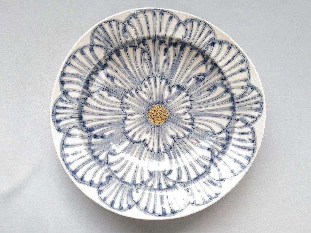 Blue pottery deep plate with swaying peony rim pattern, from Yoshihei Kato, Gifu