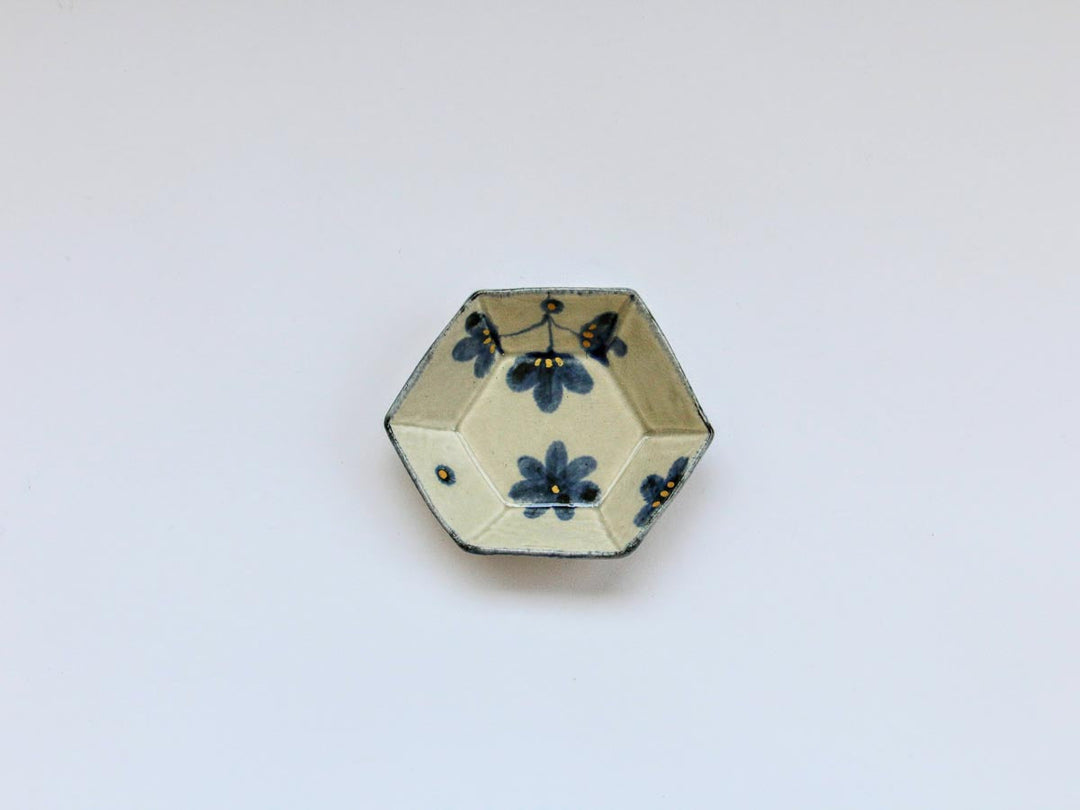 Gold glaze floral hexagonal small porcelain dish from Kikaku Pottery, Saga