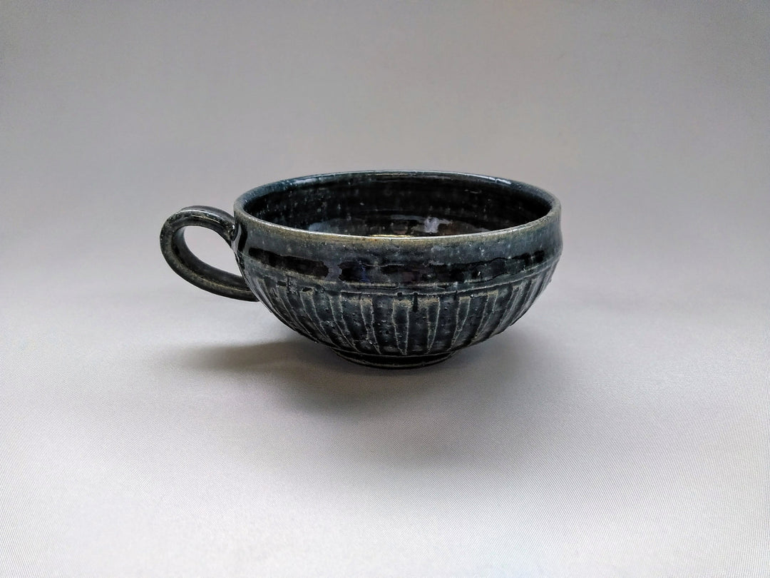 Ridged soup cup in indigo glaze, ceramic by Kiyohide Yokoi, Gifu