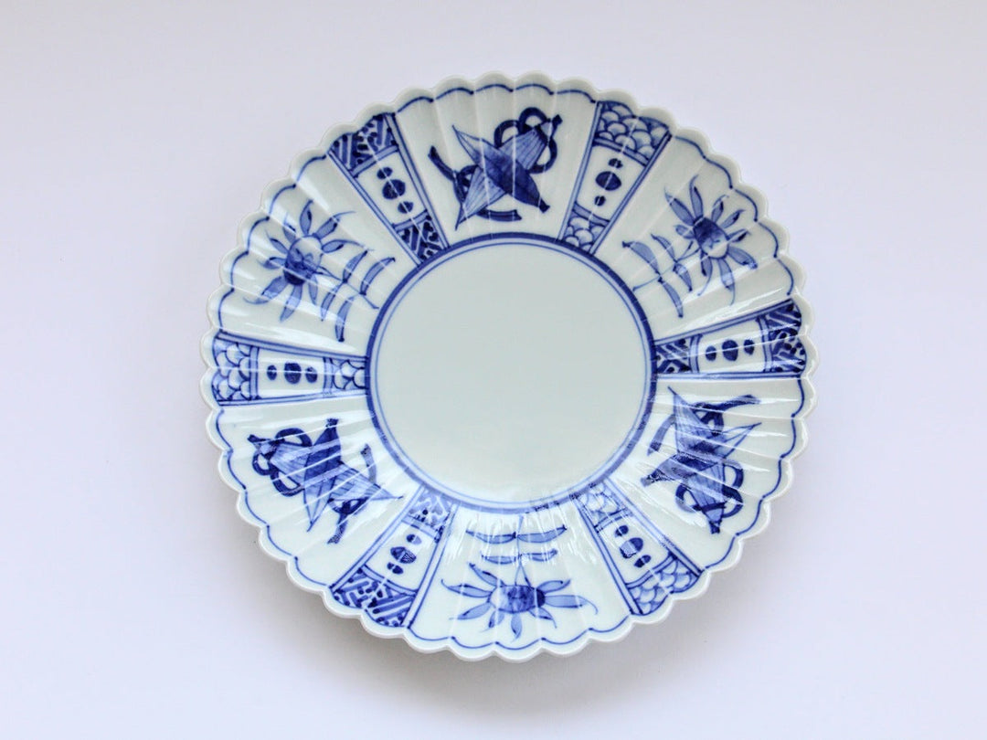 Blue and white porcelain plate with a chrysanthemum pattern, from Saga, Japan