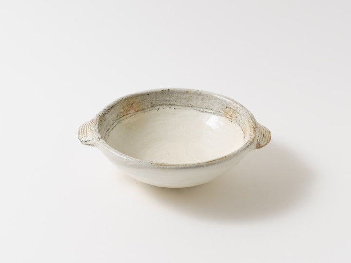Rough-edged White Slip Small Round Bowl with Handles Large - Crafted By Furutani Pottery
