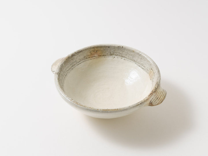 Rough-edged White Slip Small Round Bowl with Handles Large - Crafted By Furutani Pottery