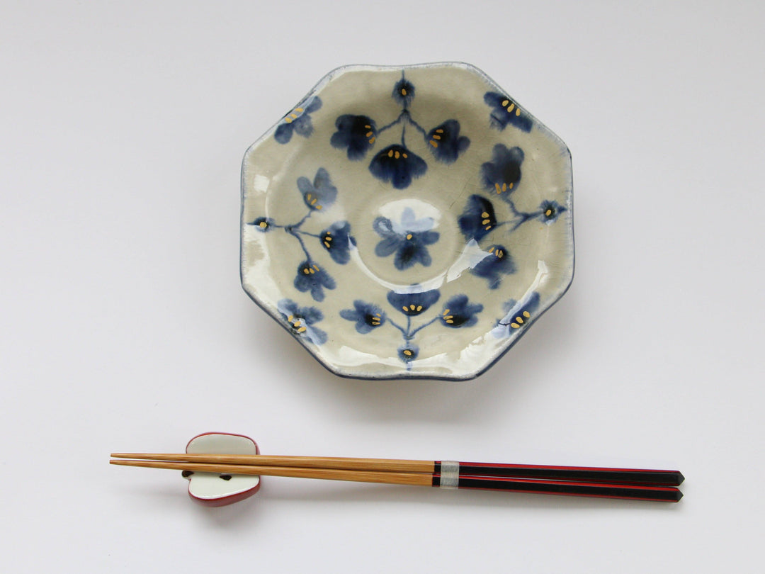 Gold-Colored Gray Clay Glazed Flower Pattern Octagonal Plate - Crafted