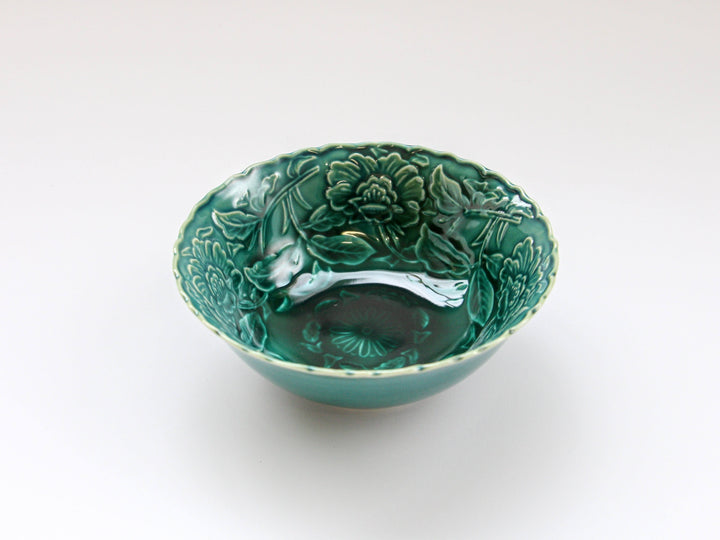 Dark Green Glazed Arabesque Carving Small Bowl - Crafted By Kajiken Seiji