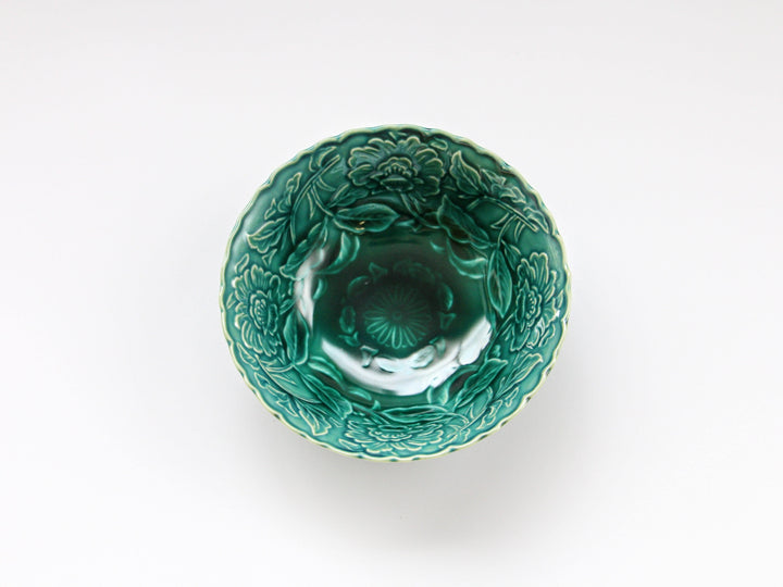 Dark Green Glazed Arabesque Carving Small Bowl - Crafted By Kajiken Seiji