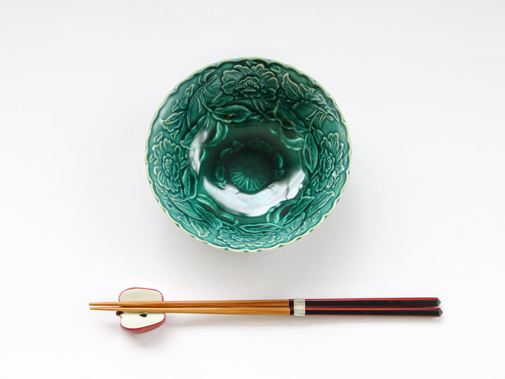 Dark Green Glazed Arabesque Carving Small Bowl - Crafted By Kajiken Seiji