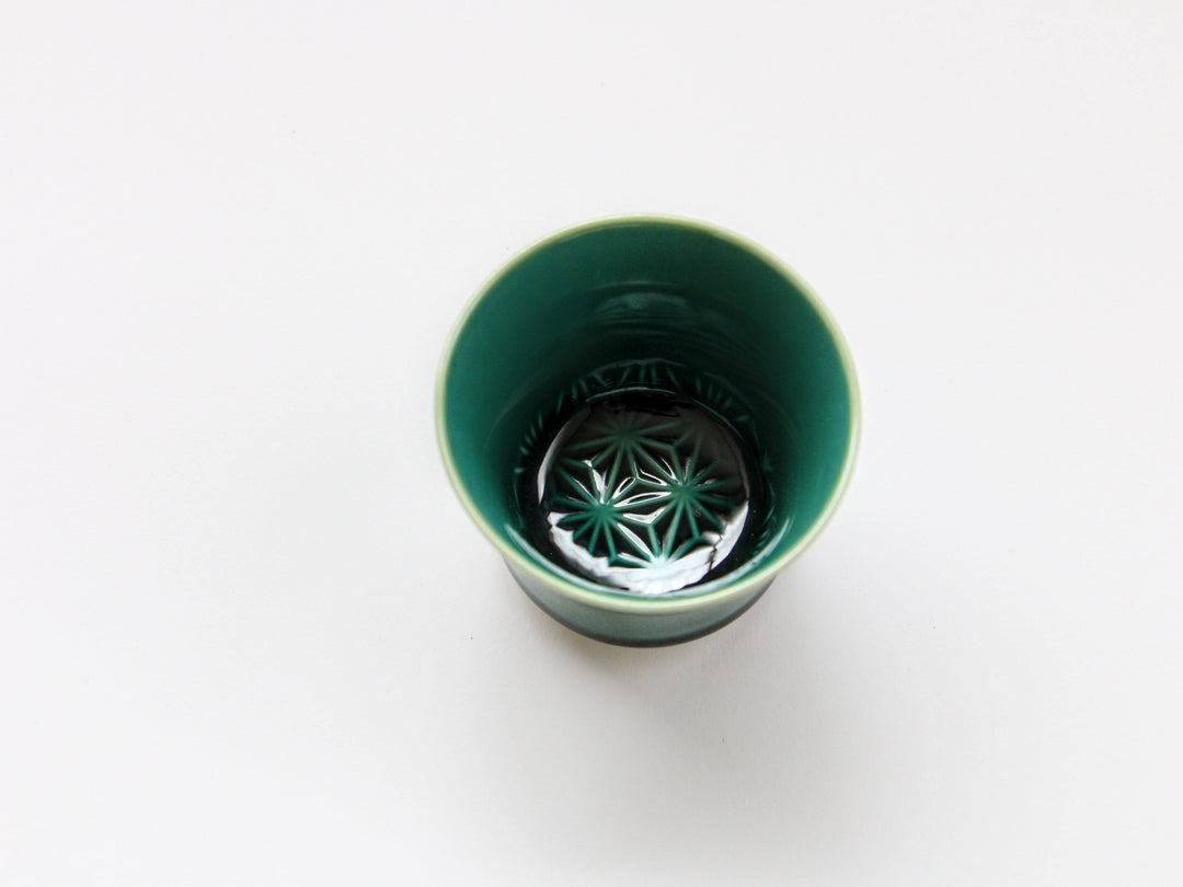 Dark Green Glazed Hemp Leaf Carved Sake Glass - Crafted By Kajiken Seiji