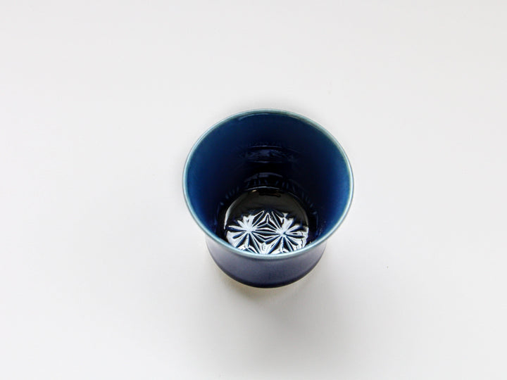 LapisLazuli Glazed Hemp Leaf Carved Sake Glass - Crafted By Kajiken Seiji
