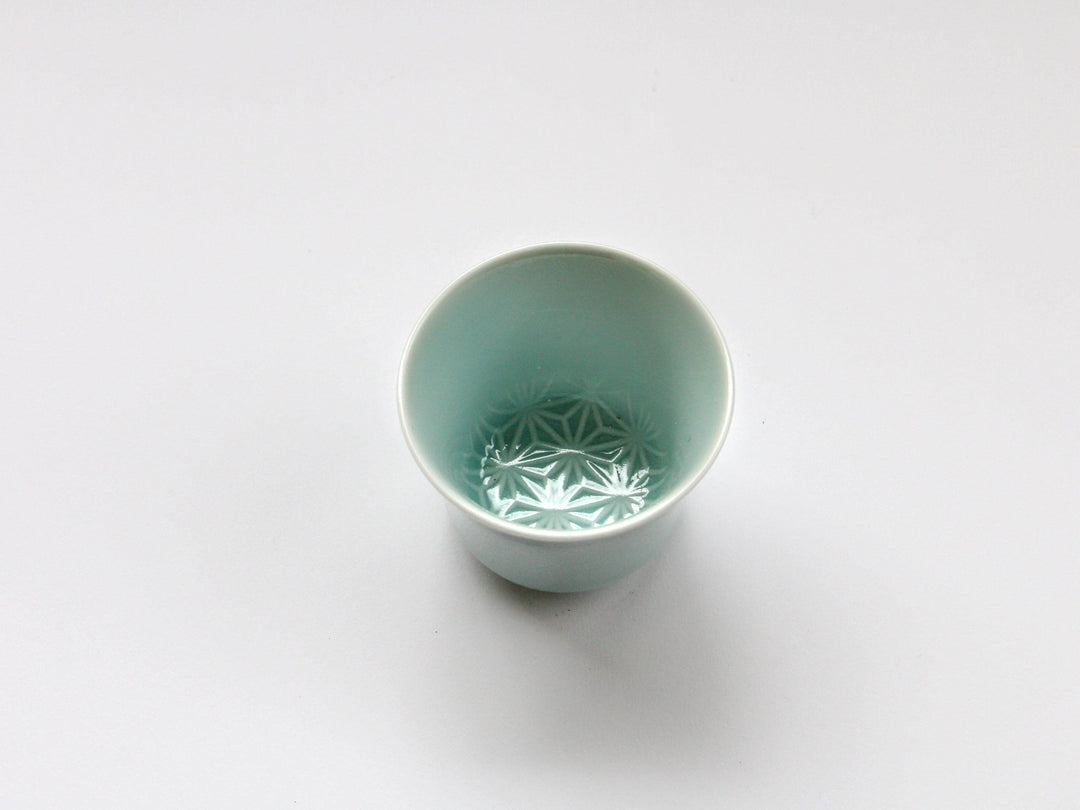 Blue and White Porcelain Hemp Leaf Carved Sake Glass - Crafted By Kajiken Seiji