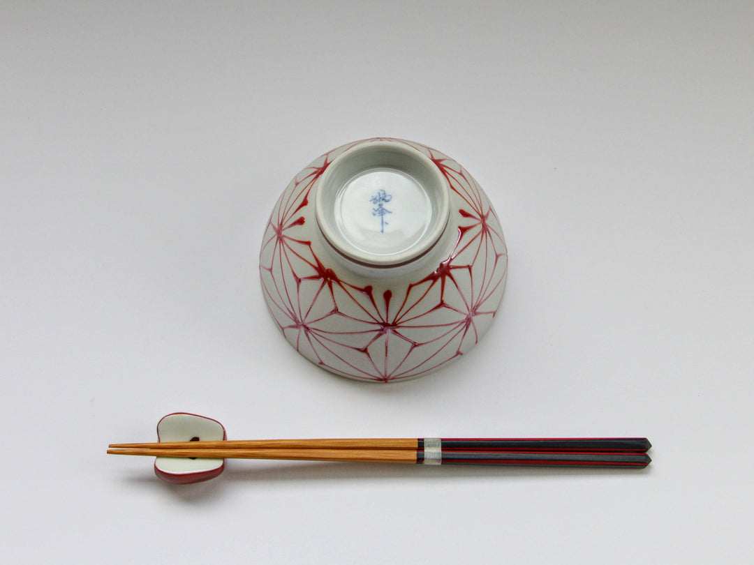 Slip Trailing Hemp Leaf Motenashi Rice Bowl Small Red - Crafted By Fukuho Kiln