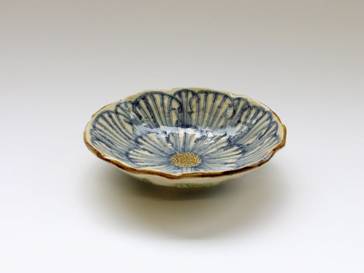 Peony Flower 5-Sun Shallow Pot Blue - Crafted By Yoshihei Kato