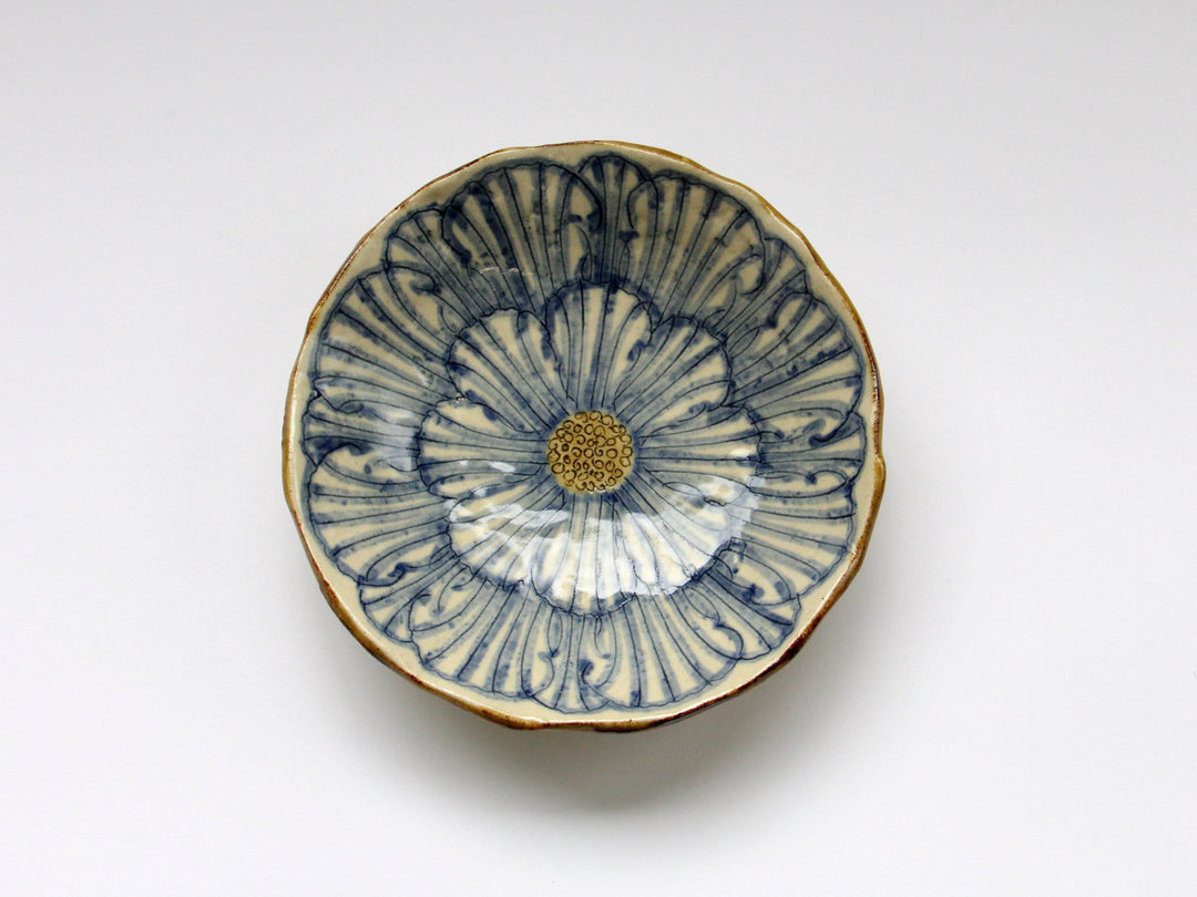 Peony Flower 5-Sun Shallow Pot Blue - Crafted By Yoshihei Kato