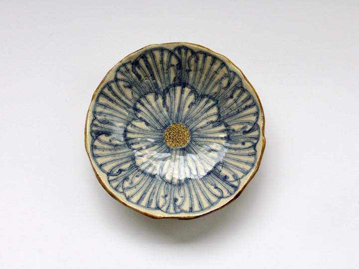 Peony Flower 5-Sun Shallow Pot Blue - Crafted By Yoshihei Kato