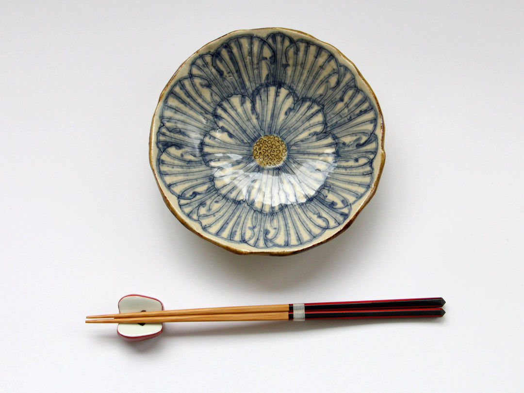 Peony Flower 5-Sun Shallow Pot Blue - Crafted By Yoshihei Kato