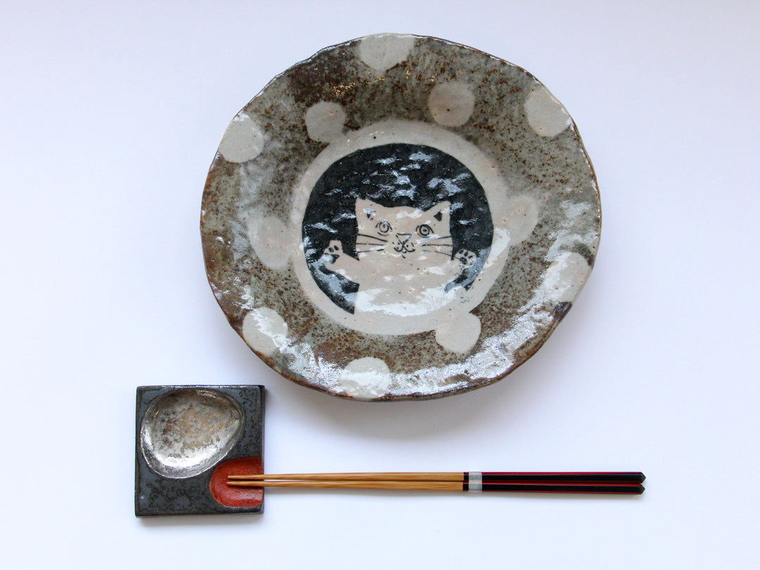 Mouse Shino Cat Polka Dot Pattern 7-Sun Shallow Bowl - Crafted By Hiroshi Sato