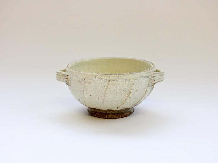 White Slip Matte Carved Soup Cup with Dual Handles — Hand-Painted Japanese Pottery by Shinji Akane