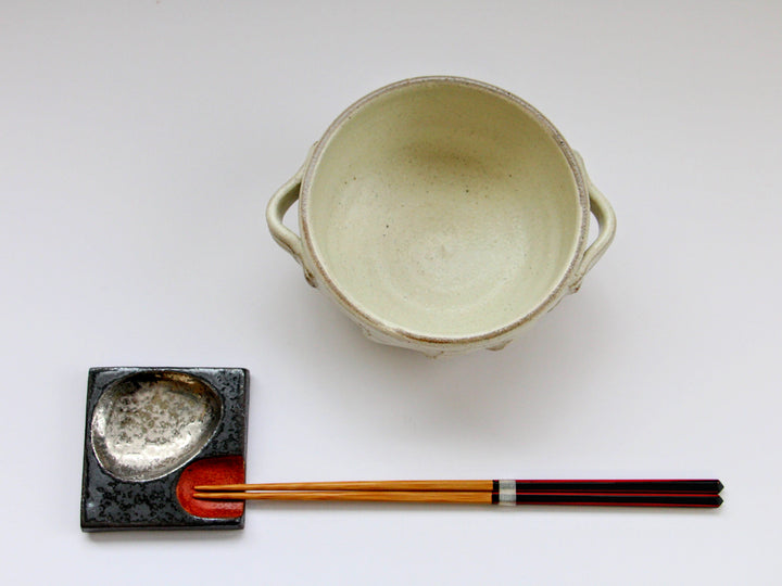 White Slip Matte Carved Soup Cup with Dual Handles — Hand-Painted Japanese Pottery by Shinji Akane