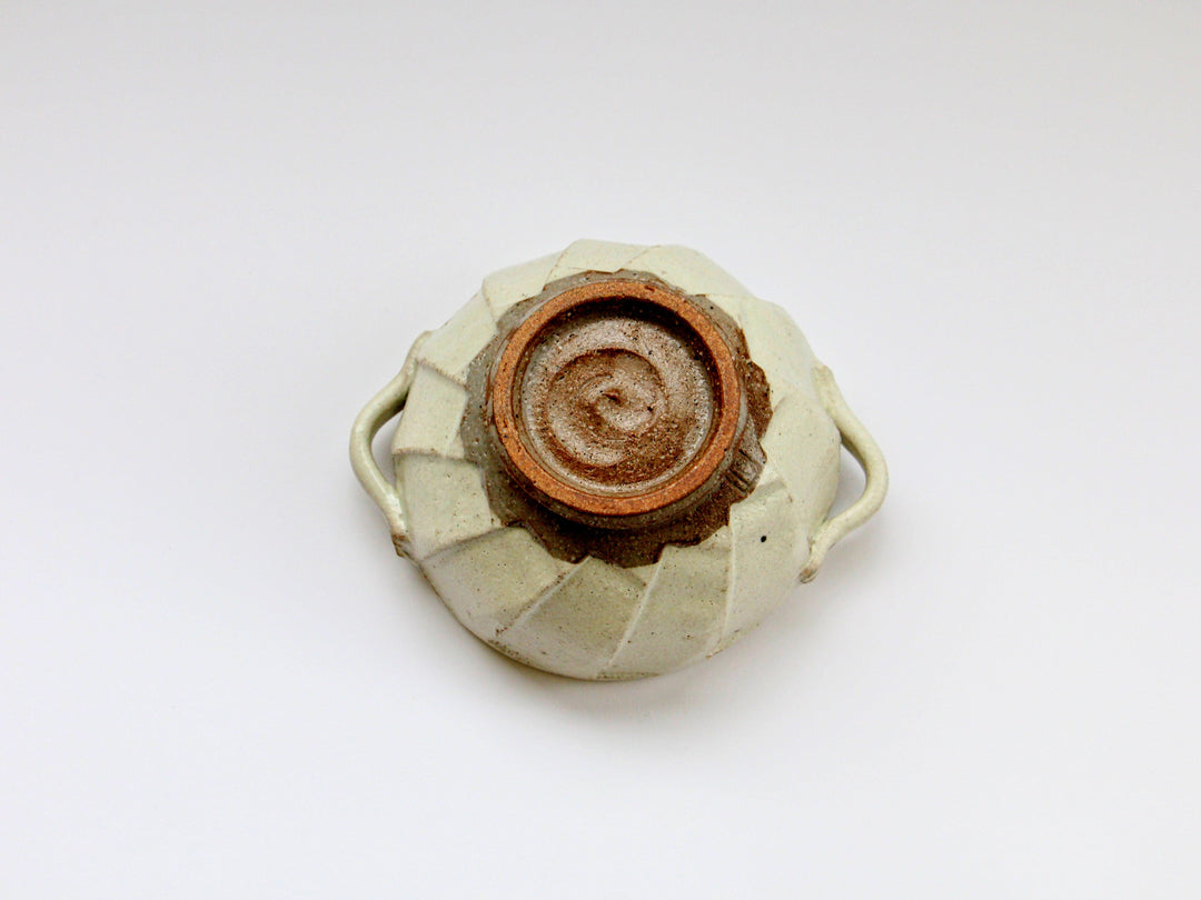 White Slip Matte Carved Soup Cup with Dual Handles — Hand-Painted Japanese Pottery by Shinji Akane