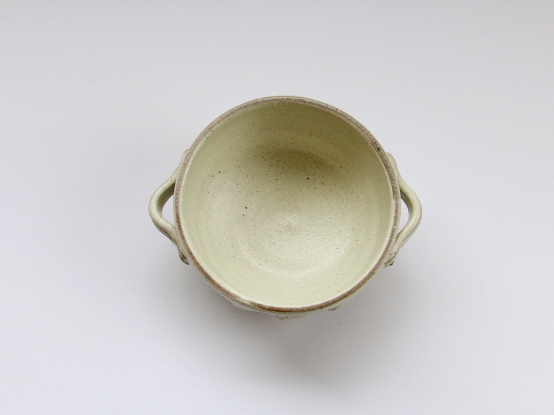 White Slip Matte Carved Soup Cup with Dual Handles — Hand-Painted Japanese Pottery by Shinji Akane