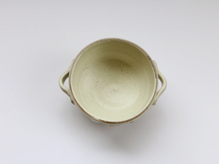 White Slip Matte Carved Soup Cup with Dual Handles — Hand-Painted Japanese Pottery by Shinji Akane