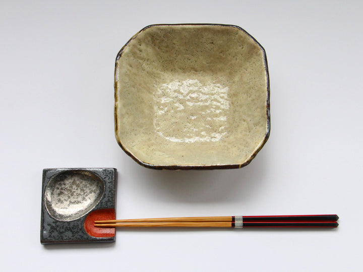 Yellow White Slip Square Small Bowl - Crafted By Hiroyuki Oguri