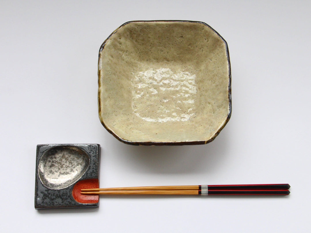 Yellow White Slip Square Small Bowl - Crafted By Hiroyuki Oguri