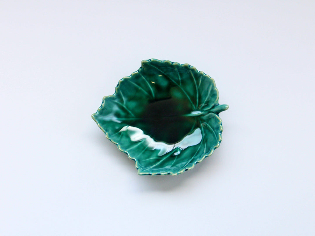 Dark Green Glazed Leaf-Shaped Plate - Crafted By Kajiken Seiji