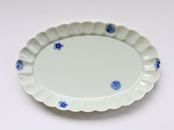 Chrysanthemum-Edged Oval Plate L Underglazed Small Flower Chirashi - Crafted By Koyo Kiln