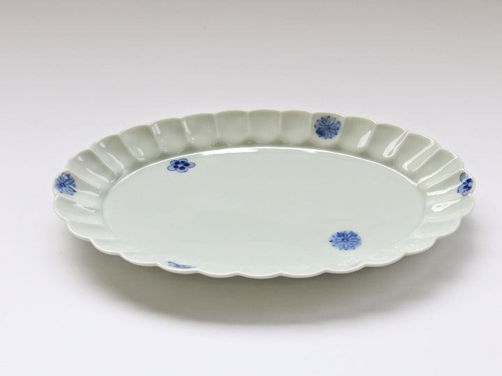 Chrysanthemum-Edged Oval Plate L Underglazed Small Flower Chirashi - Crafted By Koyo Kiln