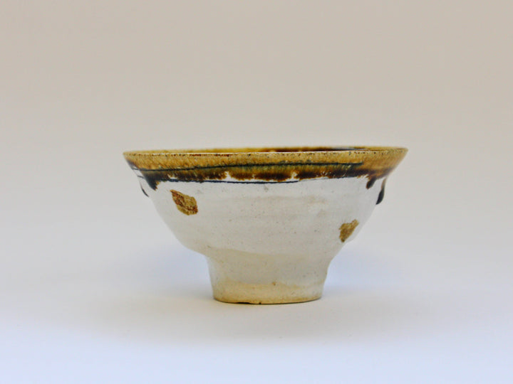 Rice Bowl with White Slip lines and Yellow dots - Crafted By Kazuhito Yamamoto