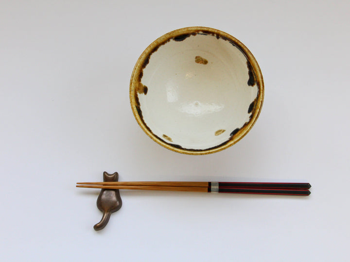 Rice Bowl with White Slip lines and Yellow dots - Crafted By Kazuhito Yamamoto