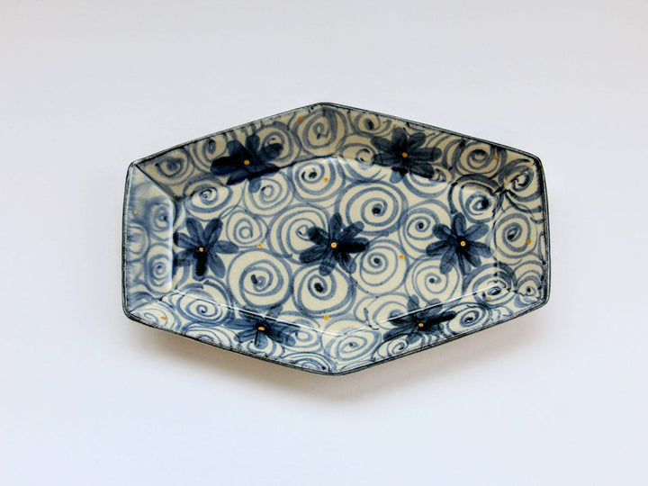 Gold Spiral Flower Pattern Hexagonal Long Plate - Crafted By Kikaku Pottery