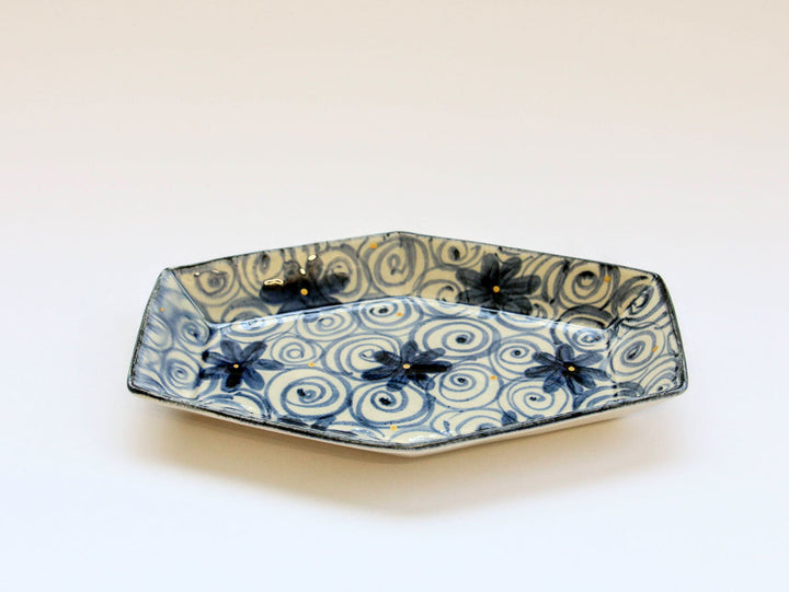 Gold Spiral Flower Pattern Hexagonal Long Plate - Crafted By Kikaku Pottery