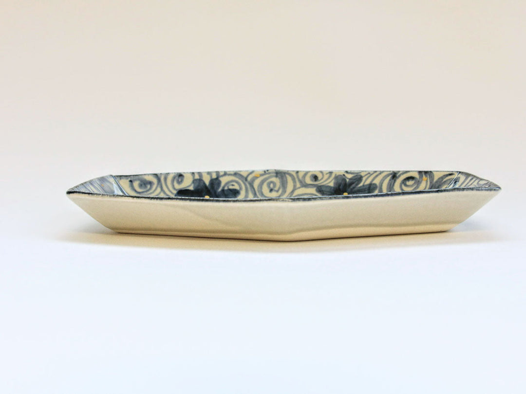 Gold Spiral Flower Pattern Hexagonal Long Plate - Crafted By Kikaku Pottery