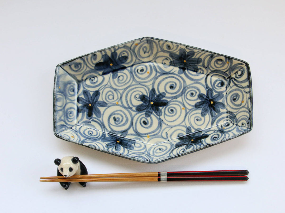 Gold Spiral Flower Pattern Hexagonal Long Plate - Crafted By Kikaku Pottery