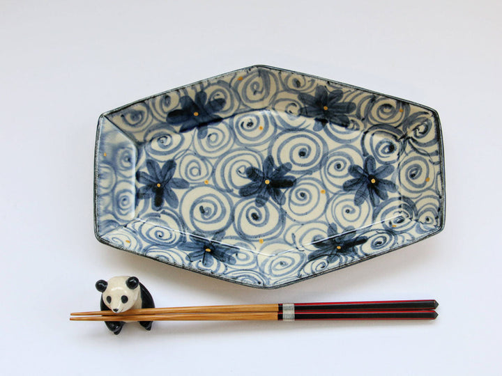 Gold Spiral Flower Pattern Hexagonal Long Plate - Crafted By Kikaku Pottery