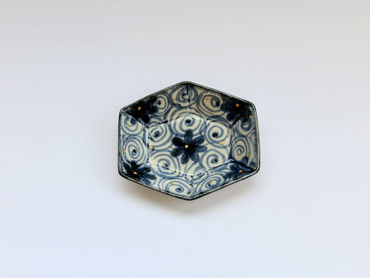 Gold Spiral Flower Pattern Hexagonal Small Plate - Crafted By Kikaku Pottery