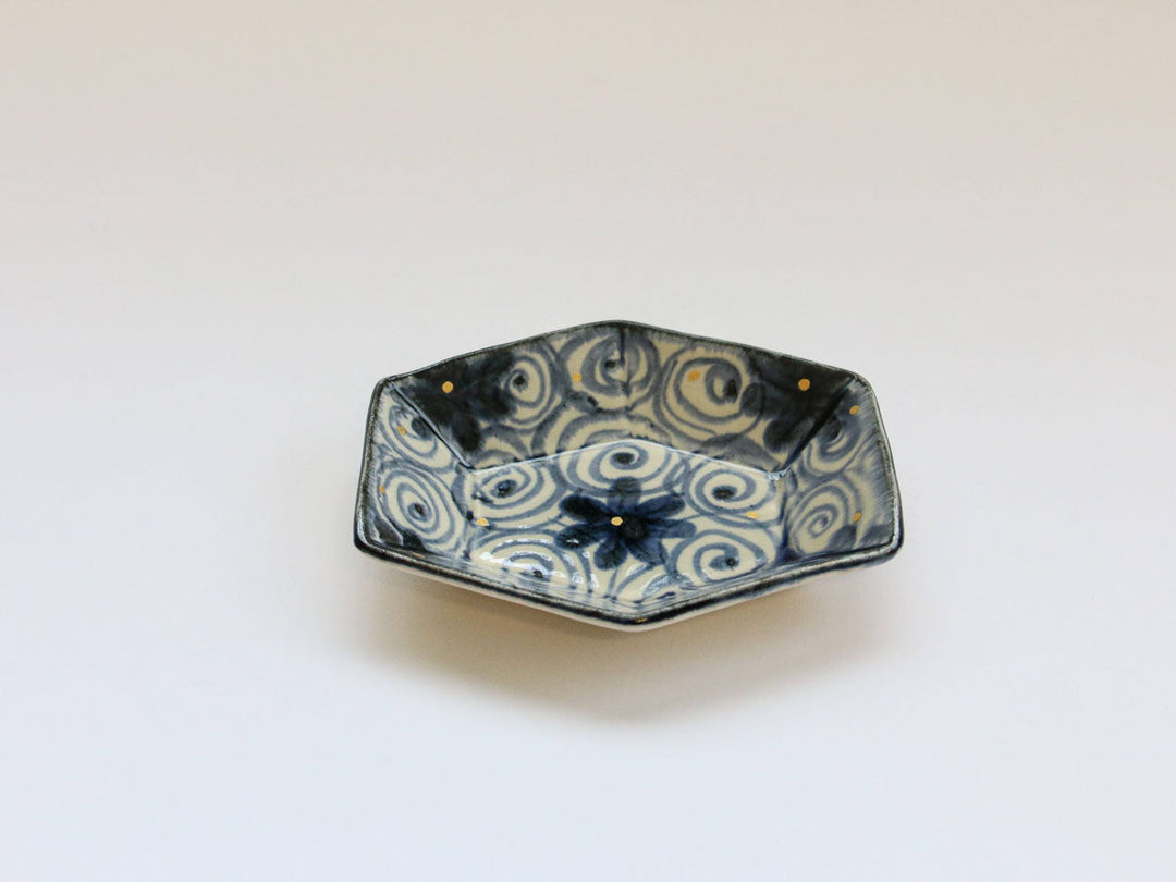 Gold Spiral Flower Pattern Hexagonal Small Plate - Crafted By Kikaku Pottery