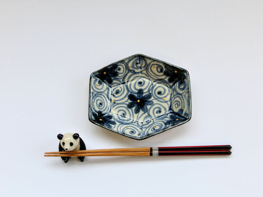 Gold Spiral Flower Pattern Hexagonal Small Plate - Crafted By Kikaku Pottery