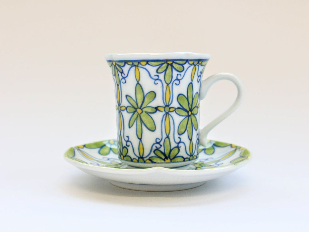 Flower Parade Coffee Cup & Saucer (Green) - Crafted By Tasho Pottery
