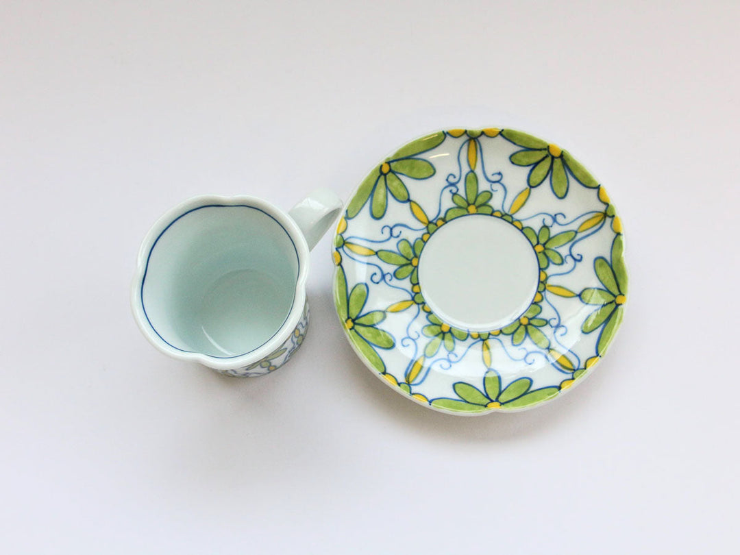 Flower Parade Coffee Cup & Saucer (Green) - Crafted By Tasho Pottery
