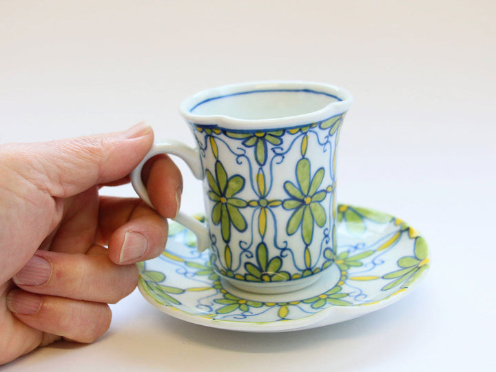 Flower Parade Coffee Cup & Saucer (Green) - Crafted By Tasho Pottery
