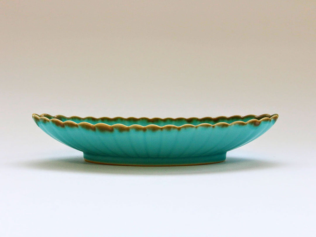 Turquoise Chrysanthemum Oval Plate (Large) - Crafted By Chojuro Kiln