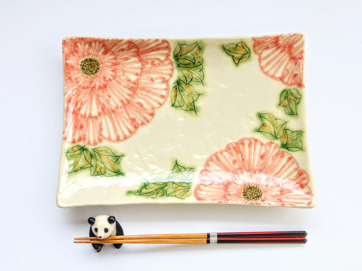 Dancing Peony Rectangular Serving Plate Red Crafted By Yoshihei Kato