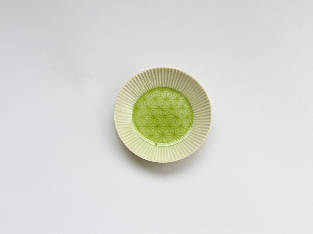 Siskin-Green Glazed Hemp-Leaf Carved Plate, 10cm — Hand-Carved Japanese Porcelain by Kajiken Seiji