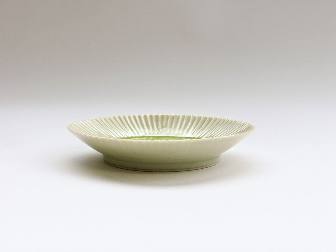 Siskin-Green Glazed Hemp-Leaf Carved Plate, 10cm — Hand-Carved Japanese Porcelain by Kajiken Seiji