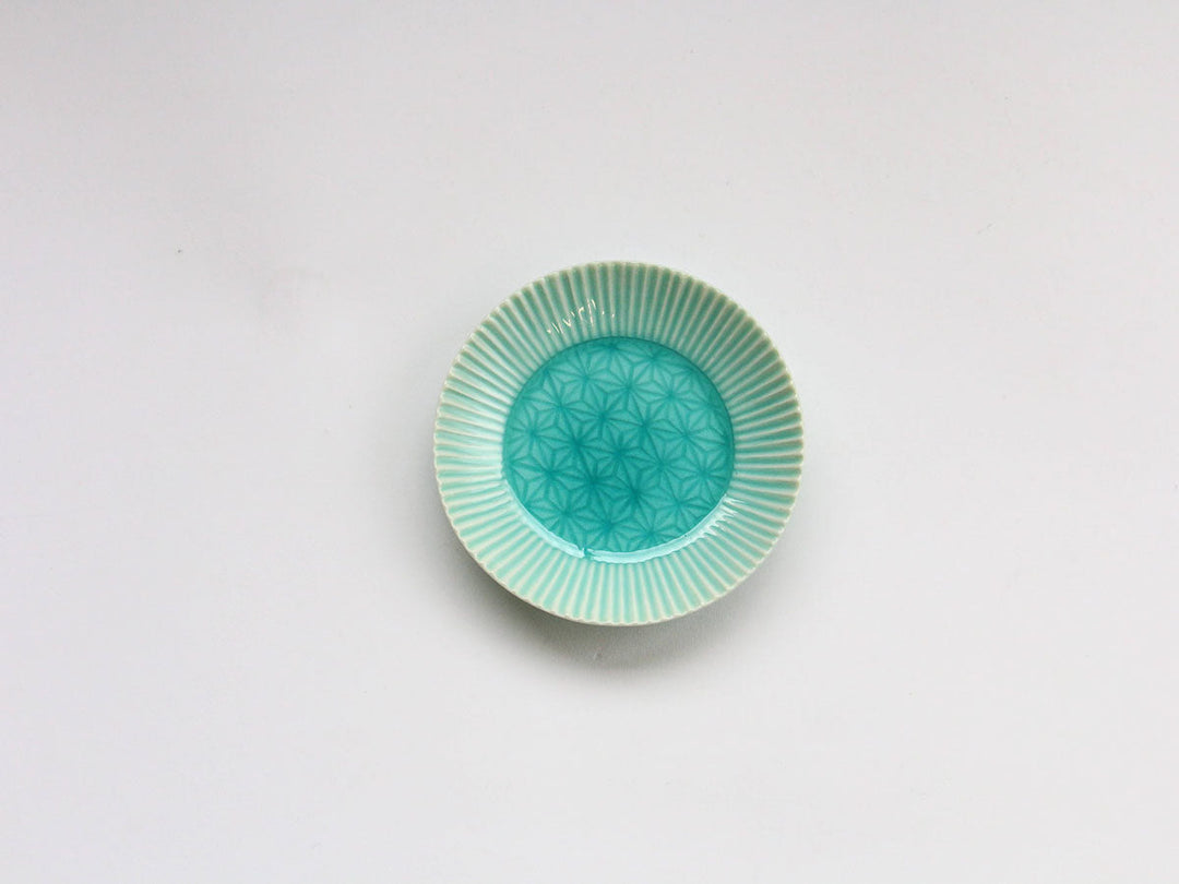 Marine Blue Hemp-Leaf Carved Plate, 10cm — Hand-Carved Japanese Porcelain by Kajiken Seiji