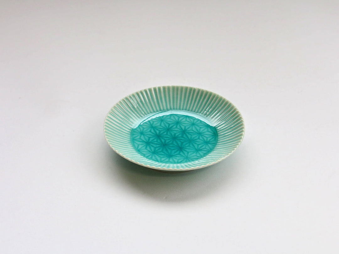 Marine Blue Hemp-Leaf Carved Plate, 10cm — Hand-Carved Japanese Porcelain by Kajiken Seiji